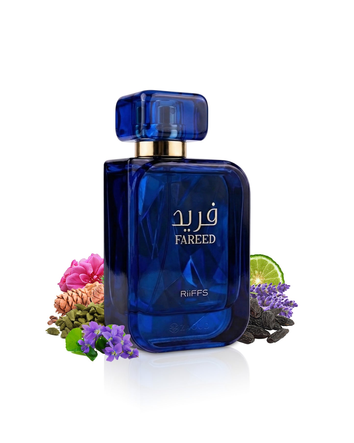 Riiffs Fareed perfume bottle surrounded by lavender, citrus, spices, and florals representing the fragrance notes of the luxury Arabian perfume.