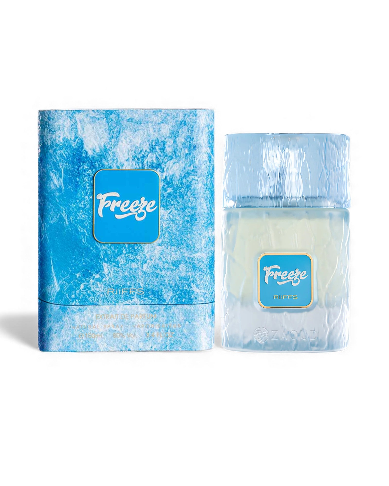 Riffs Freeze, an extrait de parfum, is featured in a box set against a white background.