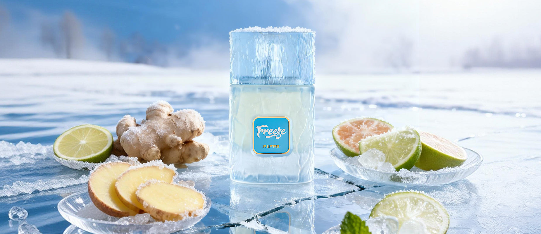 riiffs freeze perfume bottle photograph over ice surface beside citruses and ginger