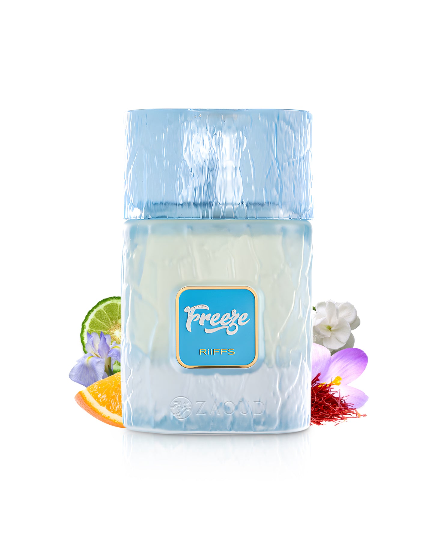 riiffs freeze perfume bottle surrounded by fragrance notes like lime and iris shows against white background