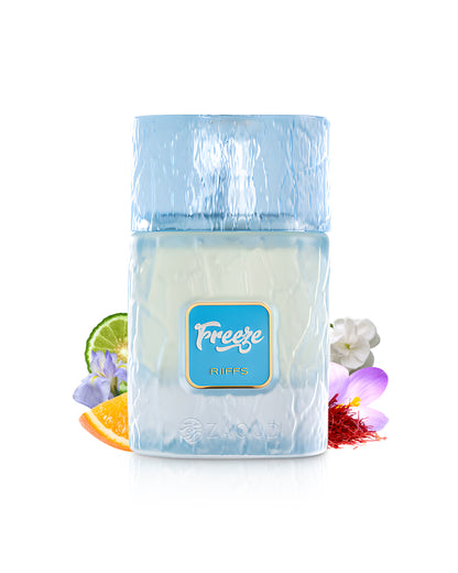 riiffs freeze perfume bottle surrounded by fragrance notes like lime and iris shows against white background
