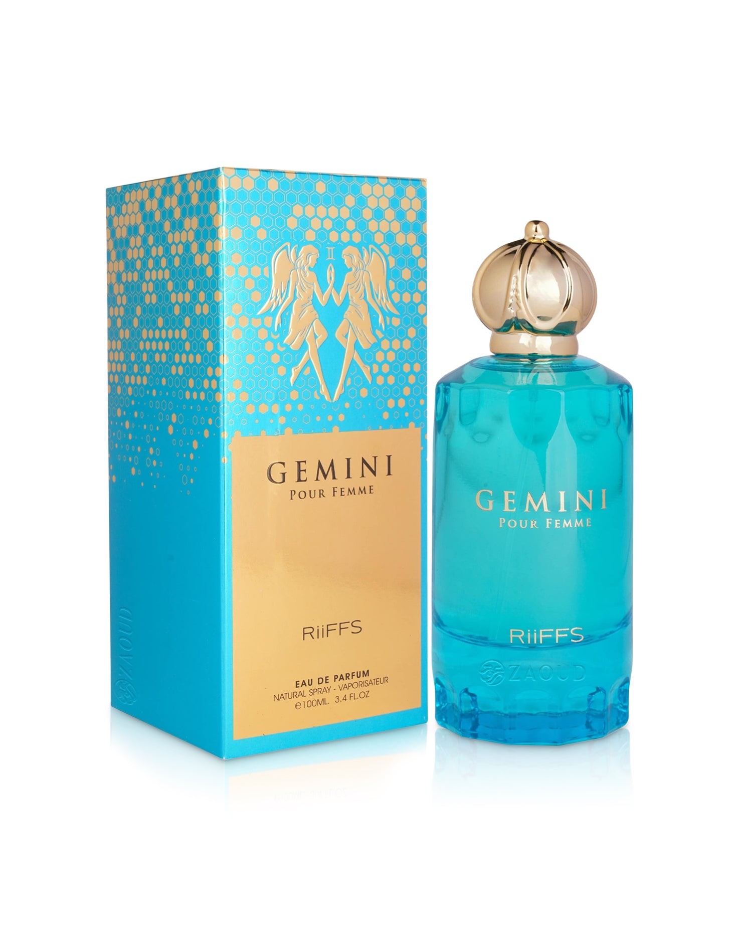 riiffs gemini pour femme perfume bottle shows beside its box against white background