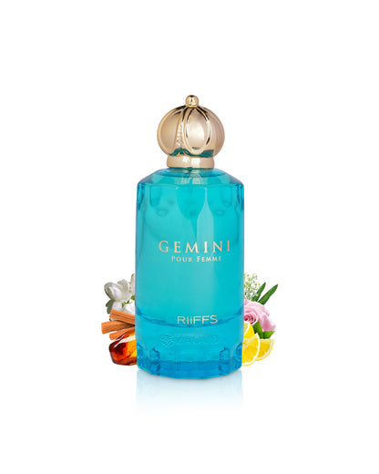 riiffs gemini pour femme perfume bottle surrounded with fragrance notes like amber and citrus shows against white background