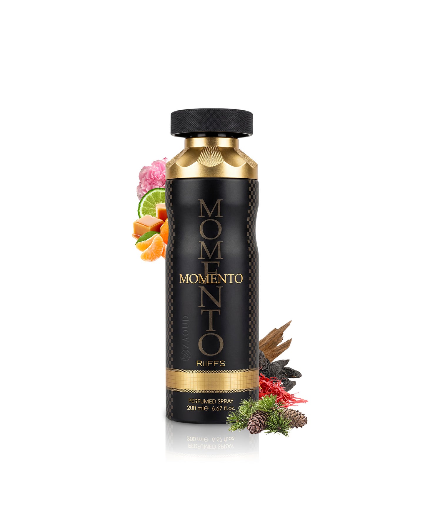 riiffs momento deodorant bottle surrounded by fragrance notes like saffron and caramel  shows against white background