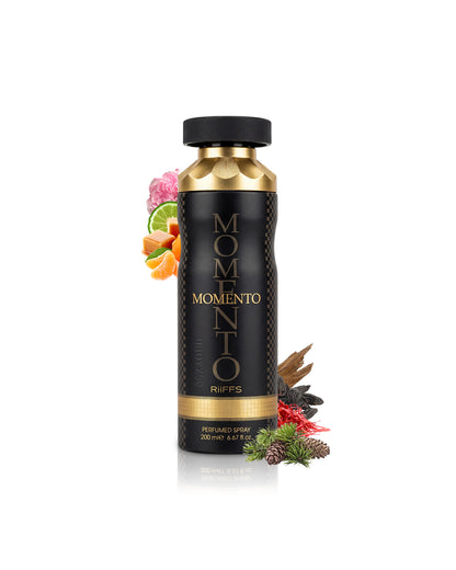 riiffs momento deodorant bottle surrounded by fragrance notes like saffron and caramel  shows against white background