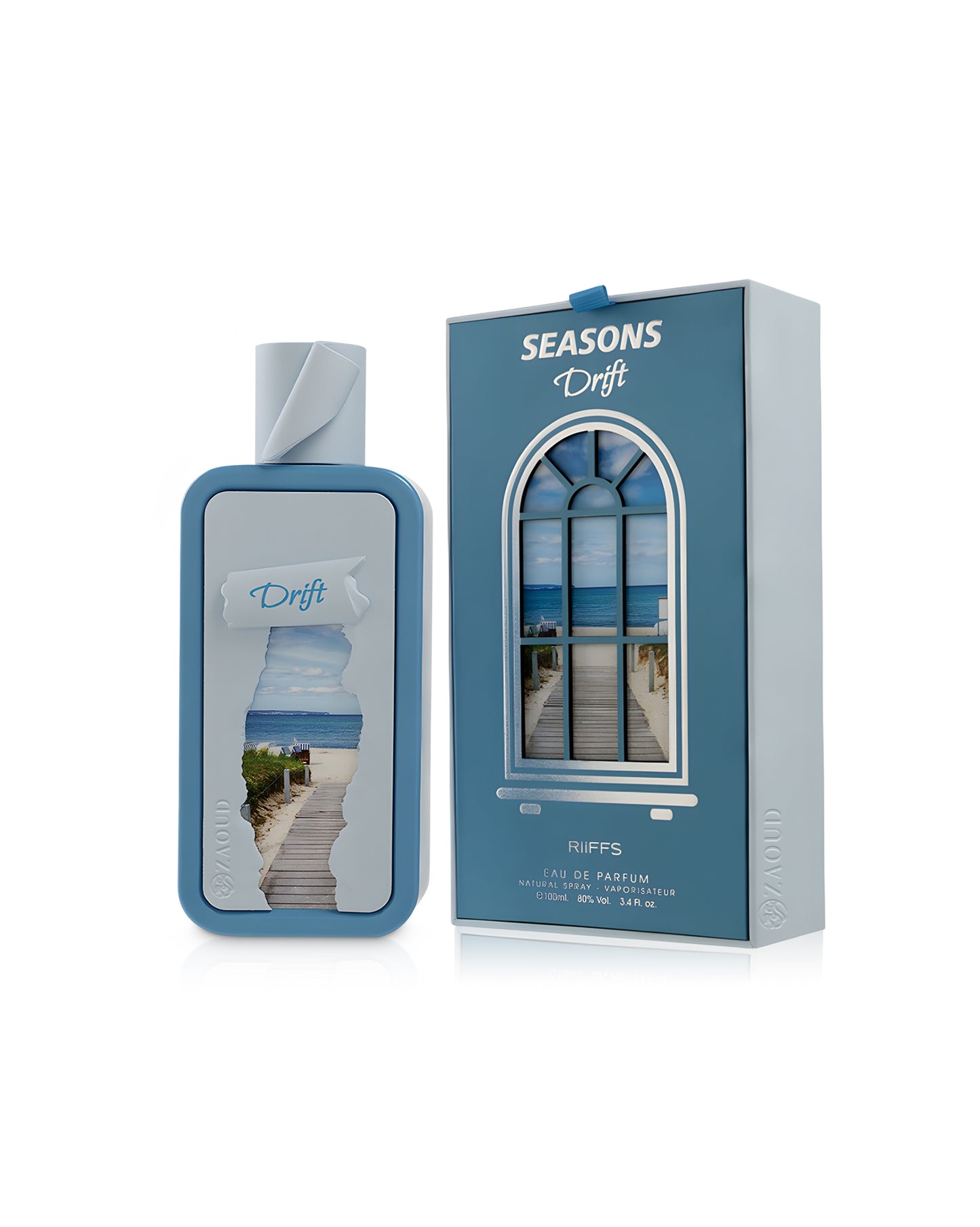 riiffs seasons drift perfume bottle shows beside its packaging against white background