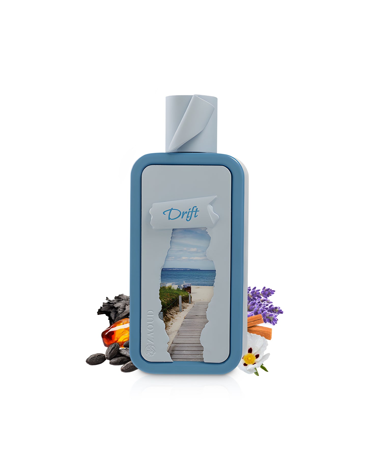 riiffs seasons drift perfume bottle surrounded by fragrance notes like lavender and labdanum  shows against white background