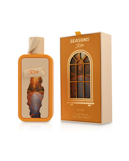 riiffs seasons rise perfume bottle shows beside its packaging against white background