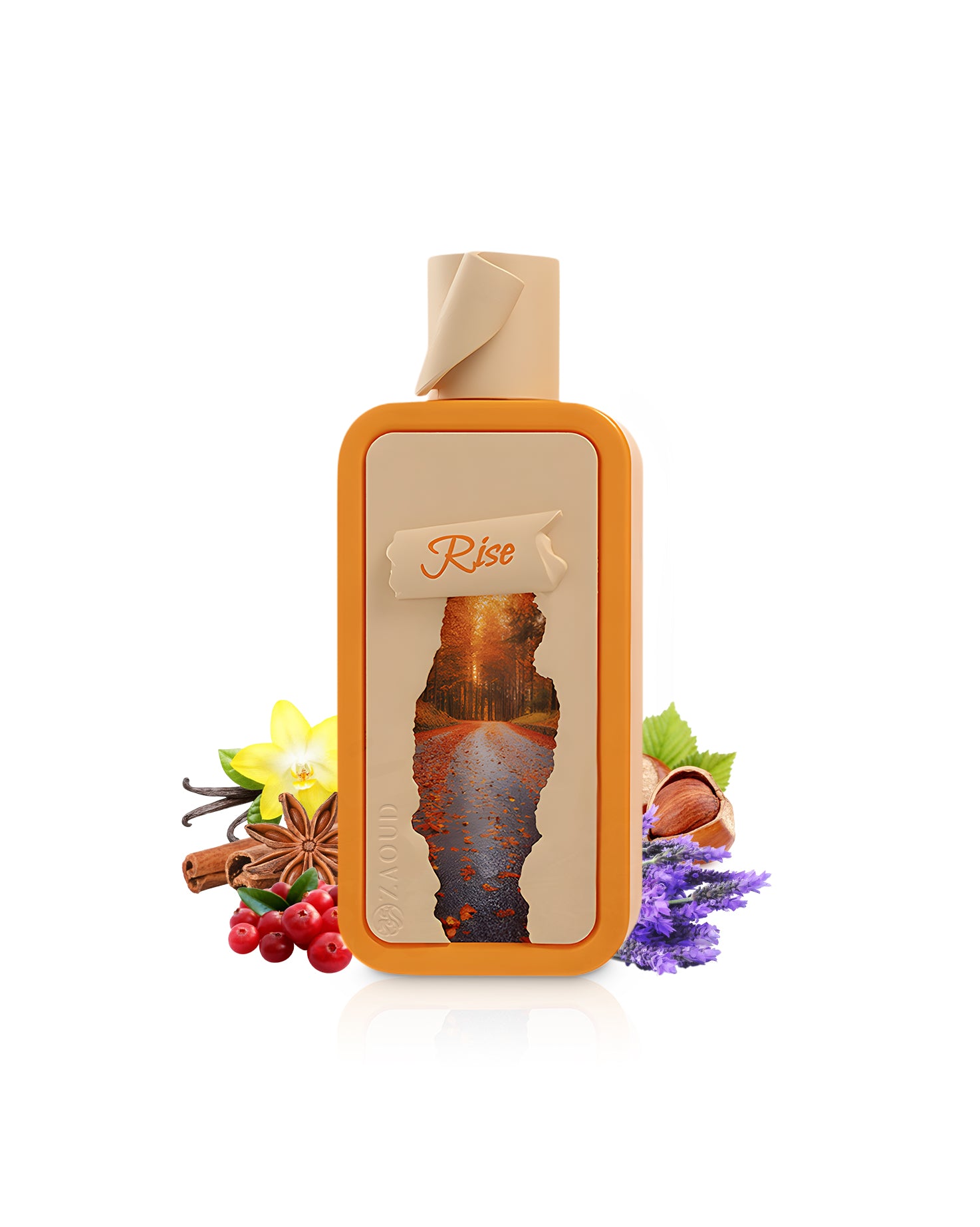 riiffs seasons rise perfume bottle surrounded by fragrance notes like lavender and spices shows against white background