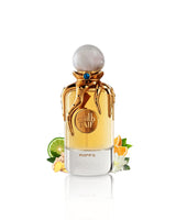riiffs taif perfume bottle surrounded by fragrance notes like ginger and lime  shows against white background