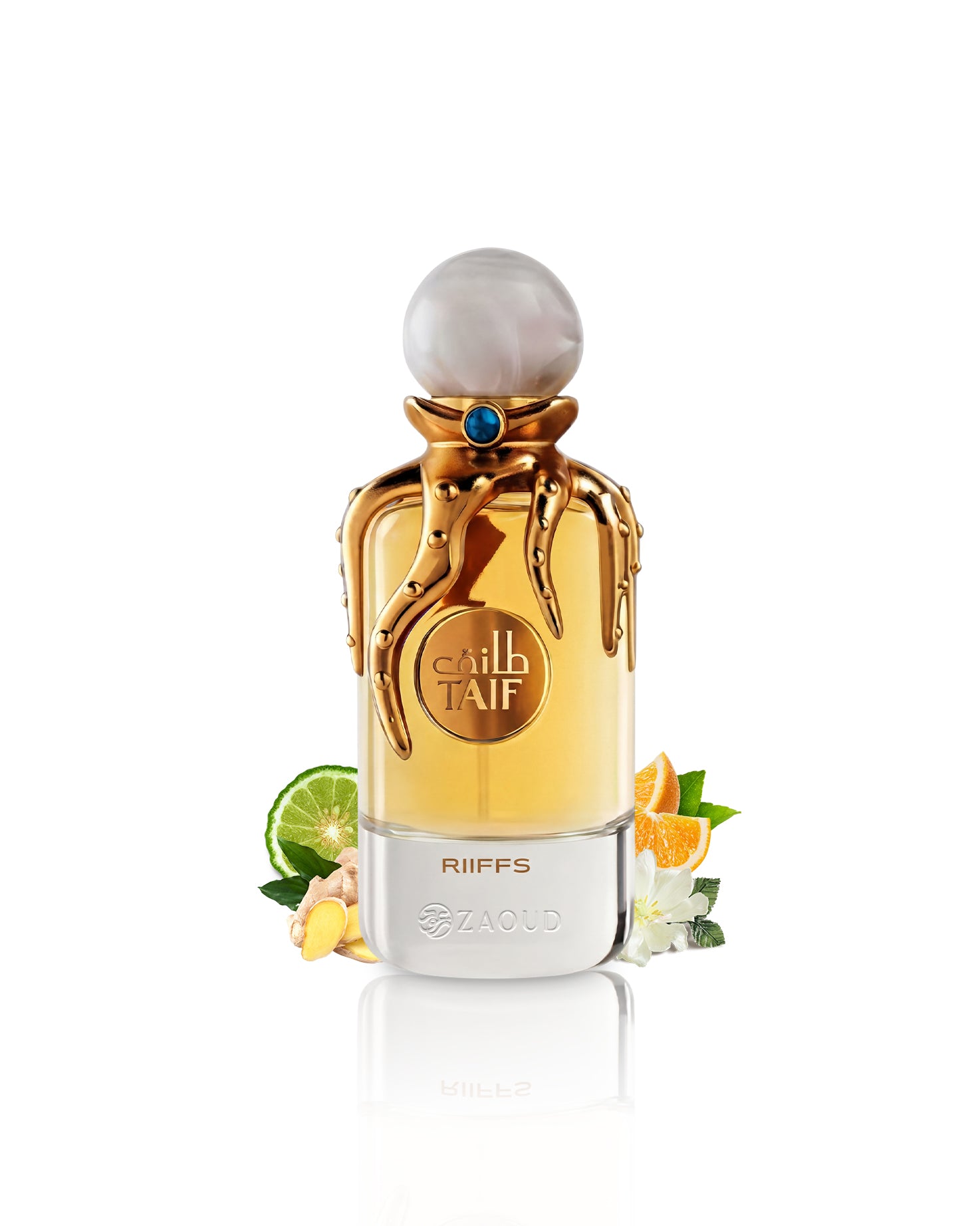 riiffs taif perfume bottle surrounded by fragrance notes like ginger and lime  shows against white background