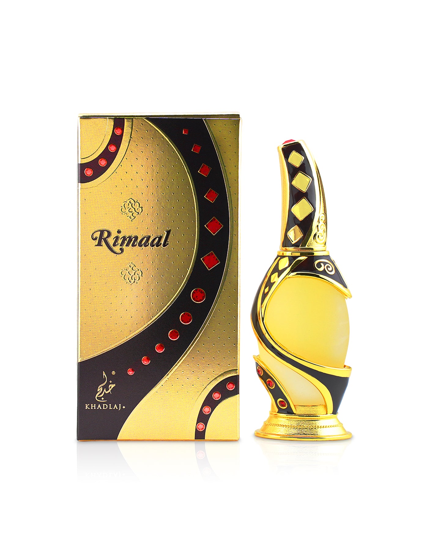 khadlaj rimaal perfume oil bottle shows beside its box against white background