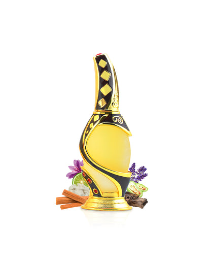 khadlaj rimaal perfume oil bottle surrounded with its ingredients like citrus and saffron with many others shows from behind the bottle against white background