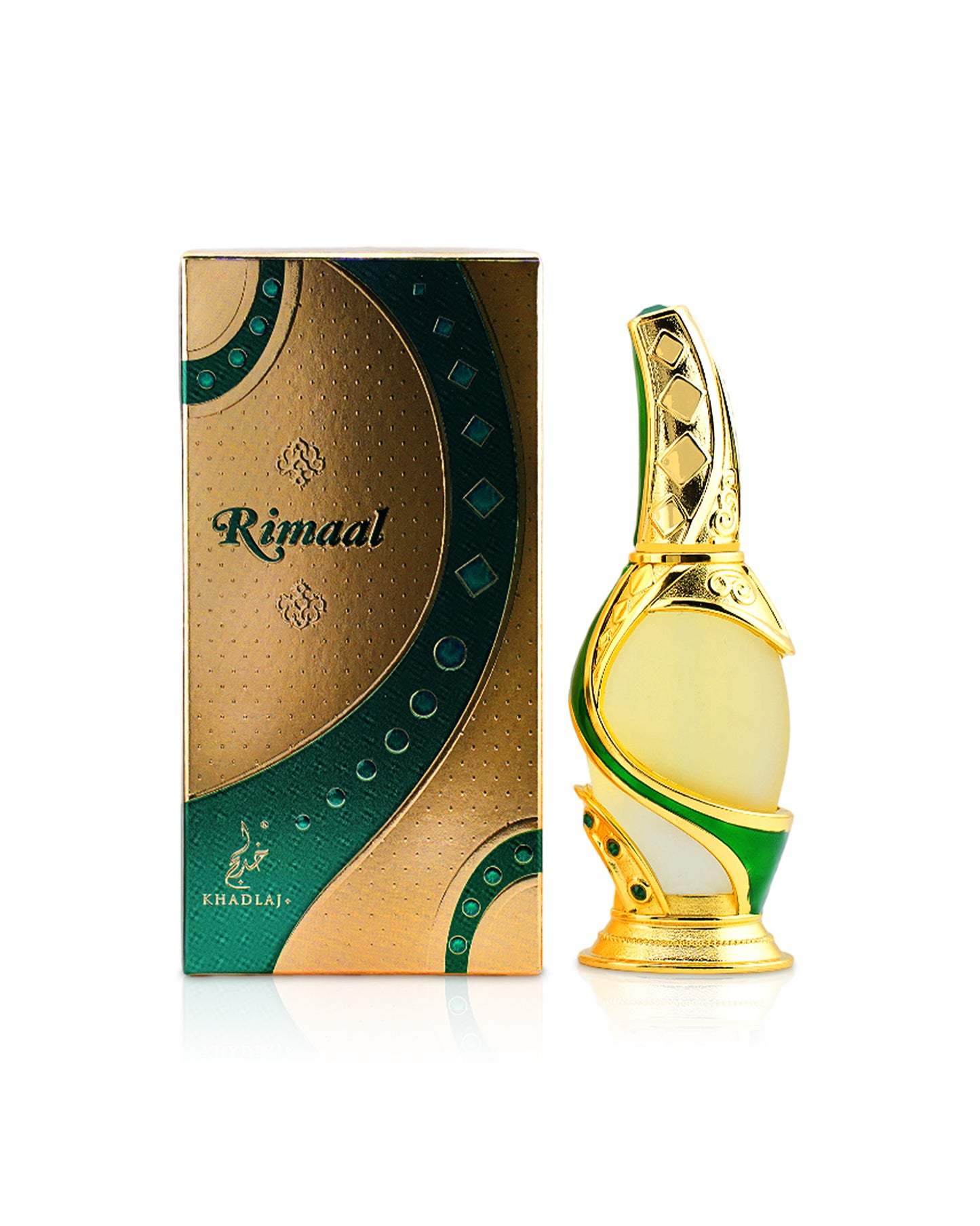 rimaal green perfume oil bottle by khadlaj perfumes shows beside its box against white background