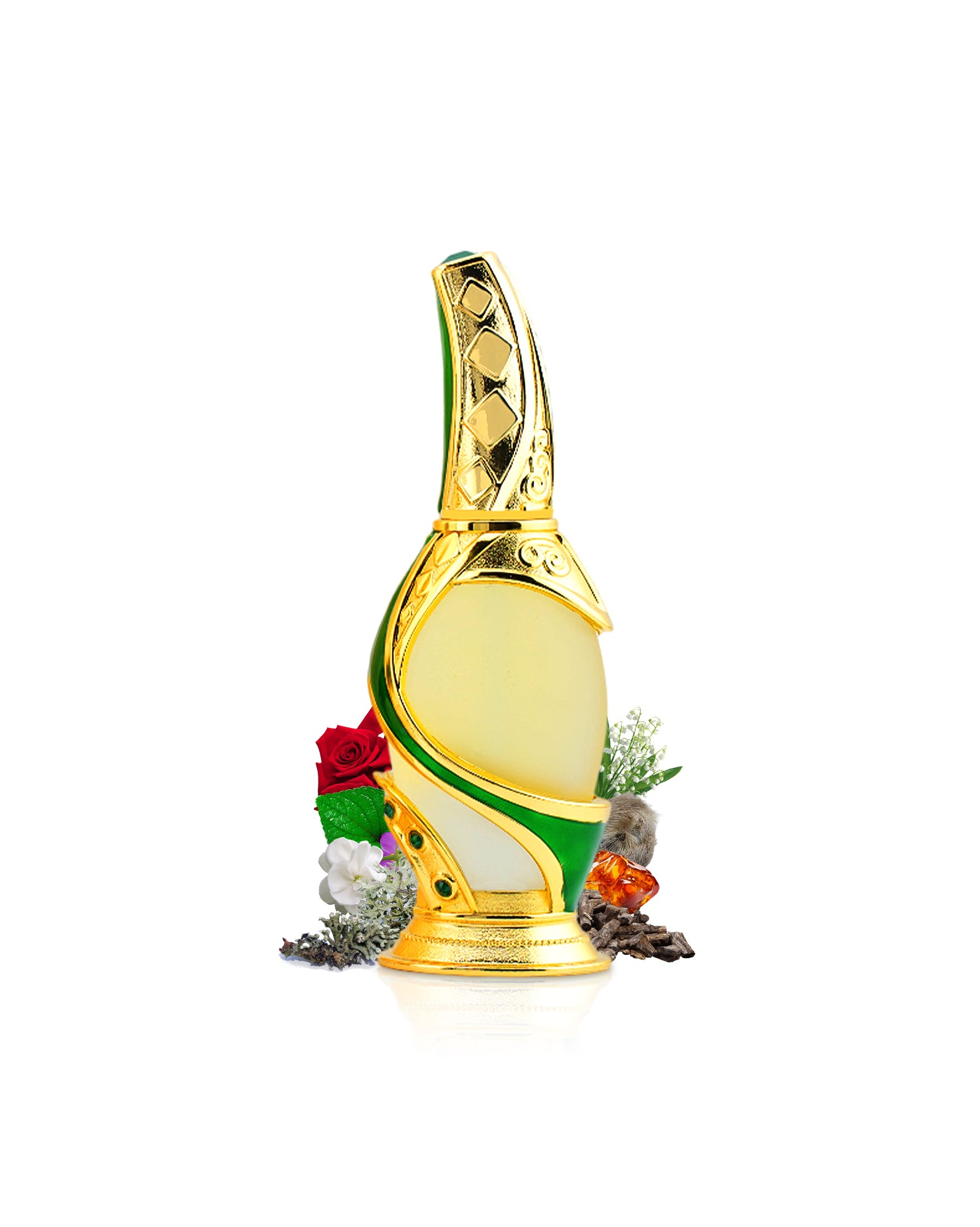 rimaal green perfume oil bottle by khadlaj perfumes surrounded with its ingredients like rose and amber with many others shows from behind the bottle against white background