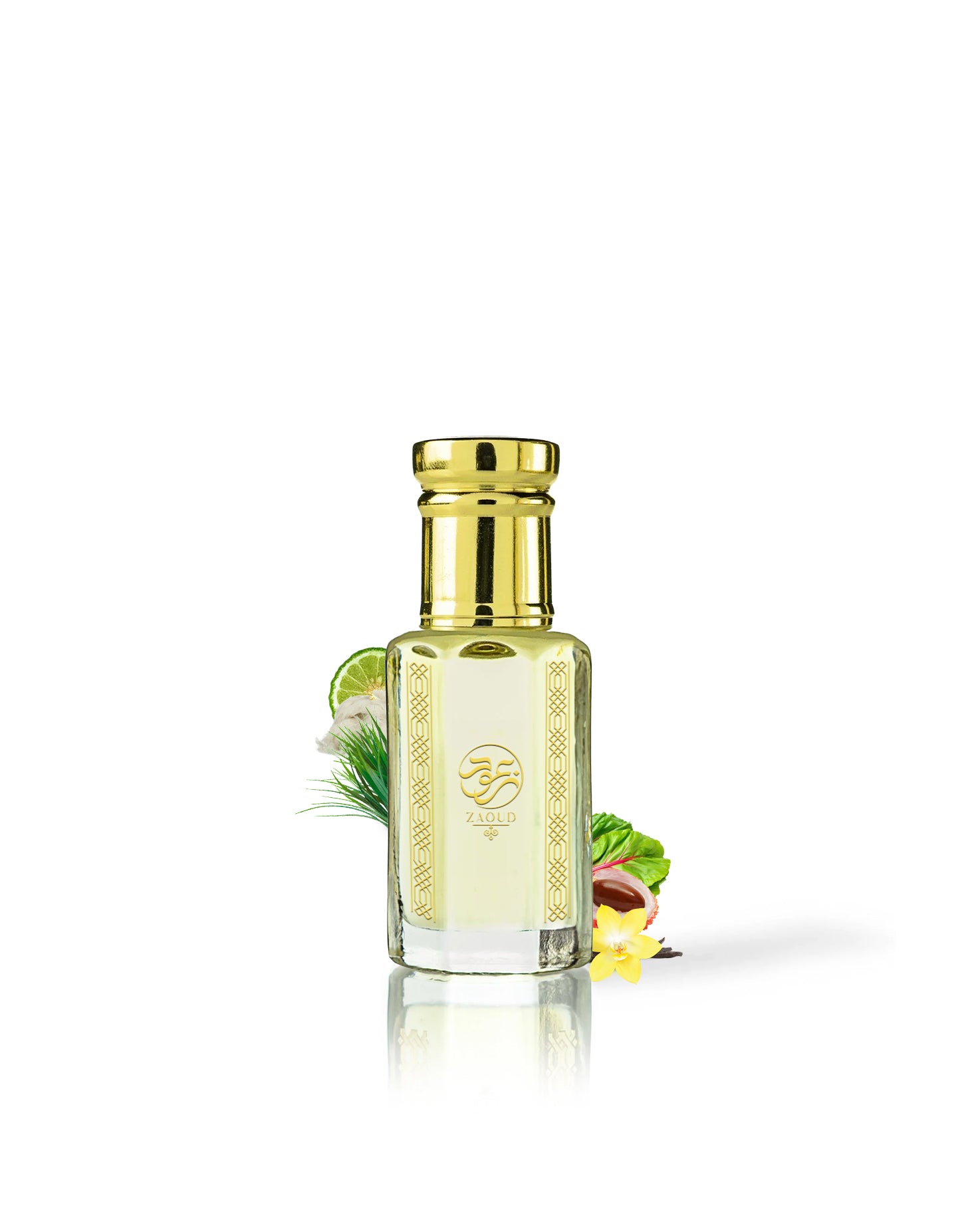 rosalie bloom delina perfume oil bottle surrounded with its ingredients like vanilla and litchy with many others like citrus and jasmine shows from behind the bottle against white background