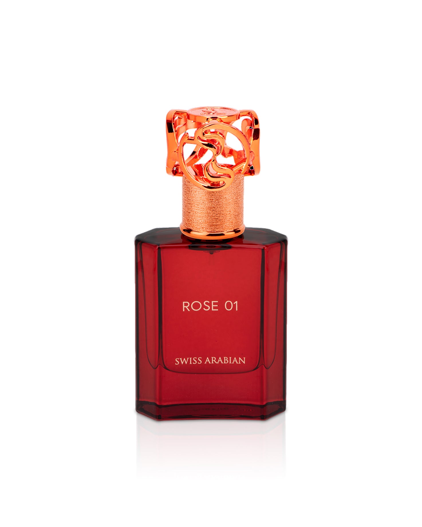 rose 01 by swiss arabian perfumes red bottle shows against white background