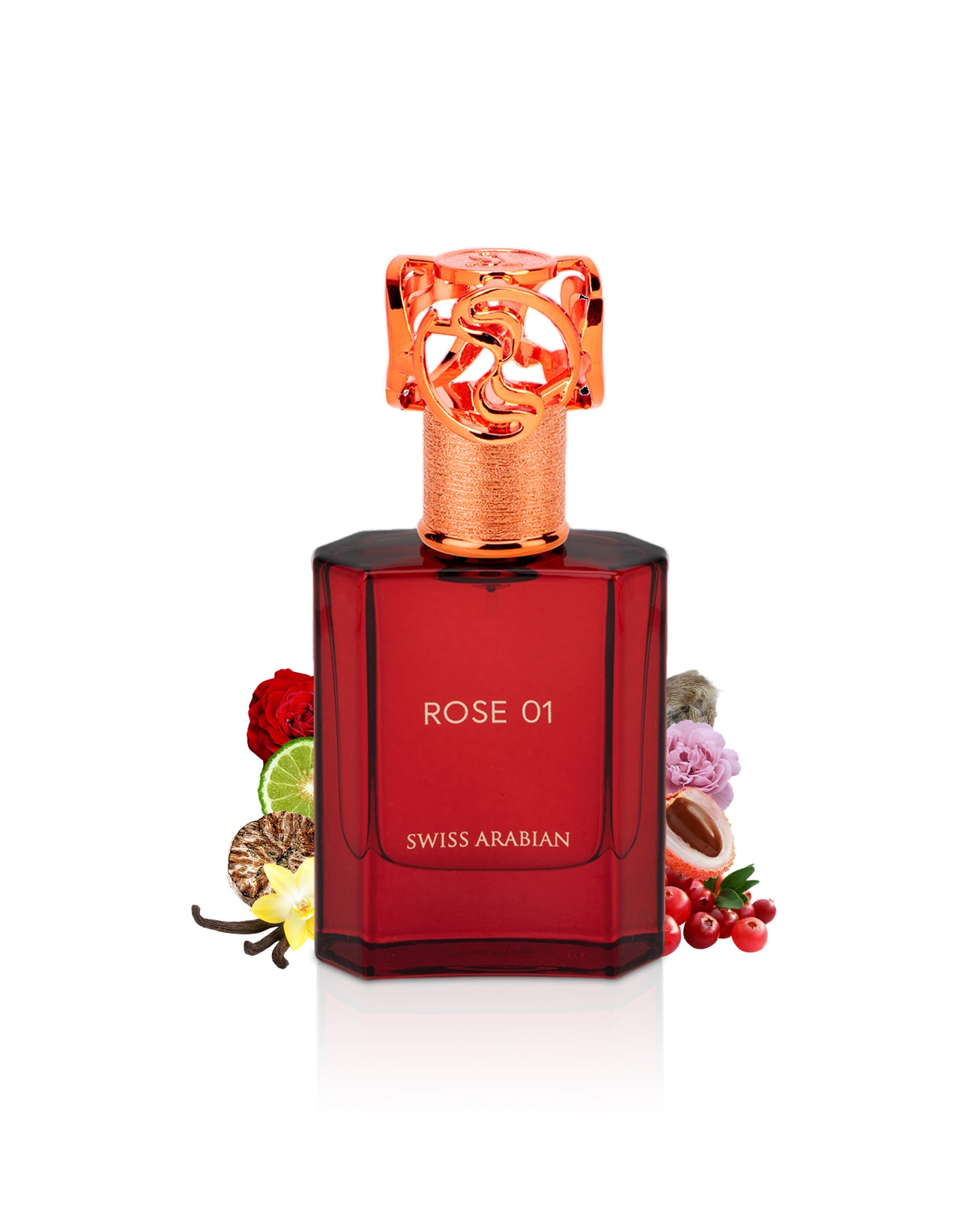 rose 01 by swiss arabian perfumes red bottle surrounded with its ingredients like vanilla and rose with many others shows from behind the bottle against white background