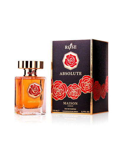 maison asrar rose absolute perfume bottle shows beside its box against white background