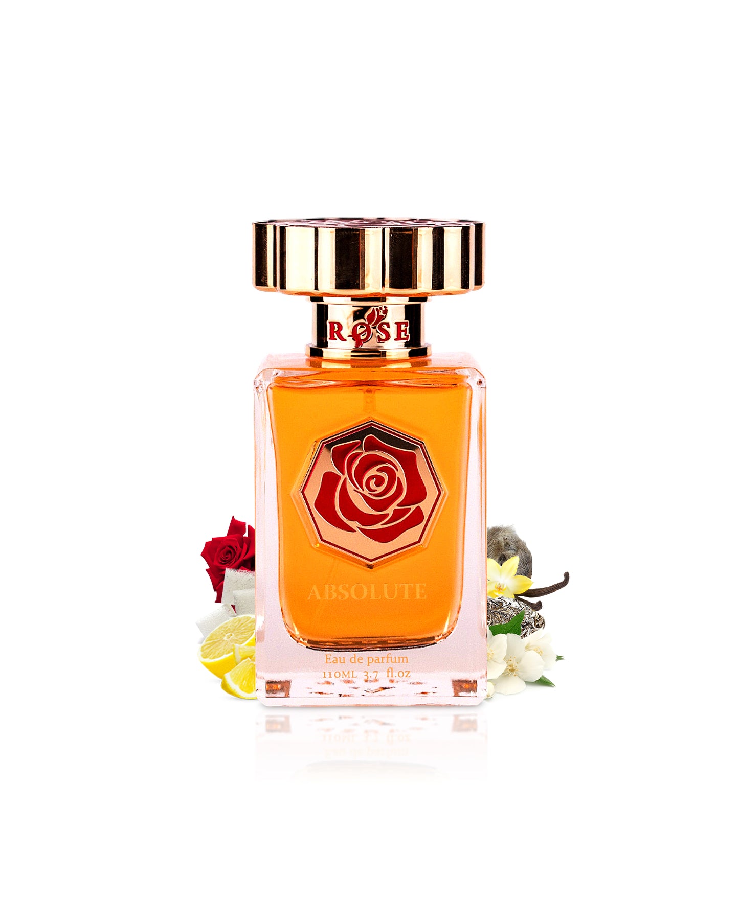 maison asrar rose absolute perfume bottle surrounded with fragrance notes like rose and lemon shows against white background