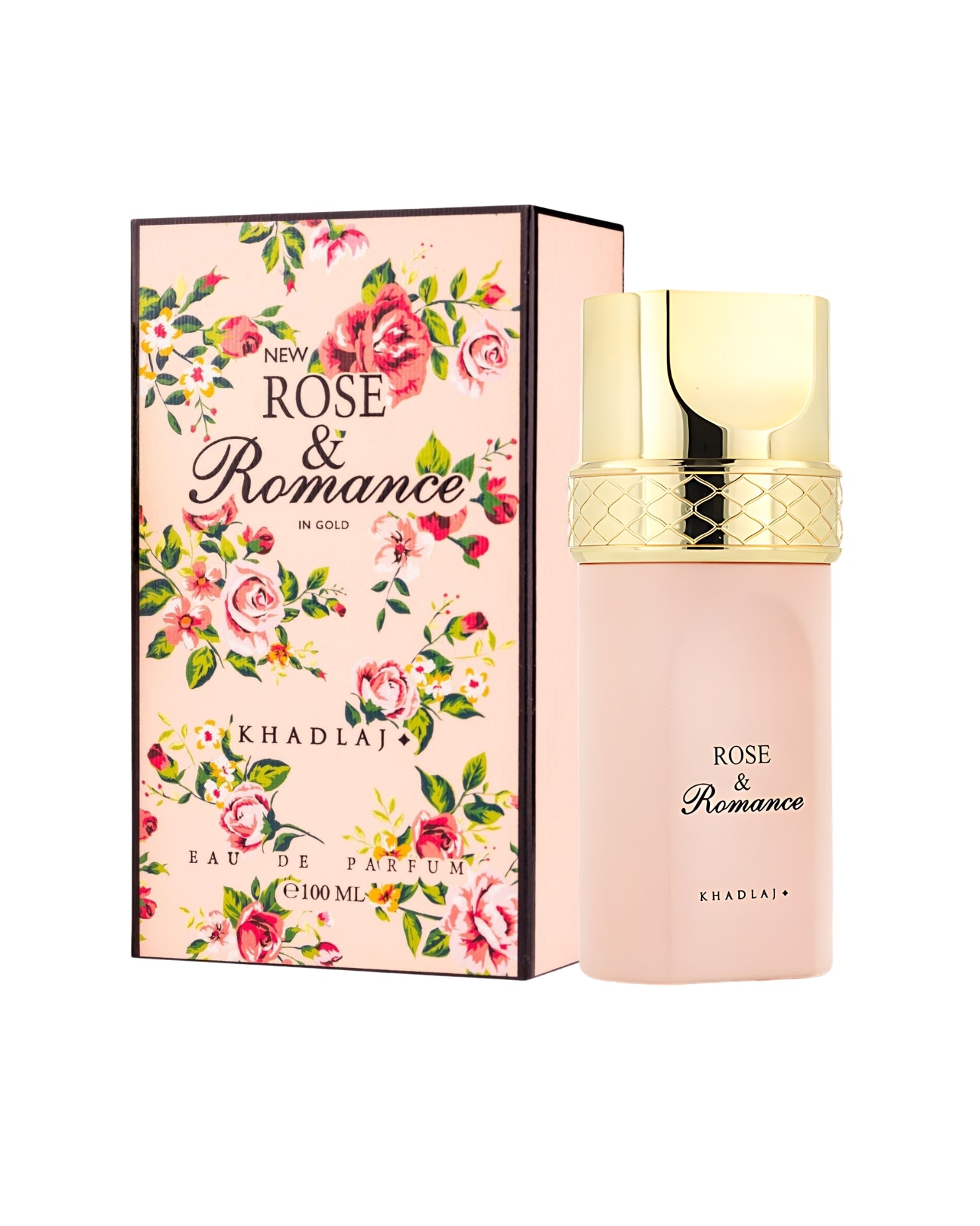 rose and romance by khadlaj perfume bottle beside its box shows against white background