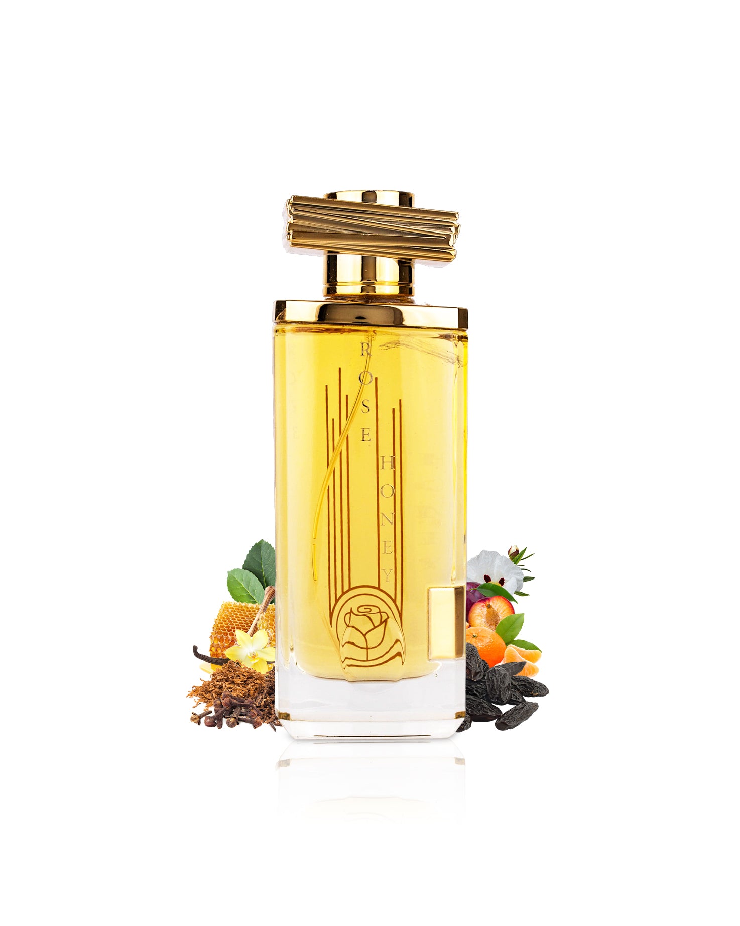 maison asrar rose honeyperfume bottle surrounded with fragrance notes like vanilla and tobacco shows against white background