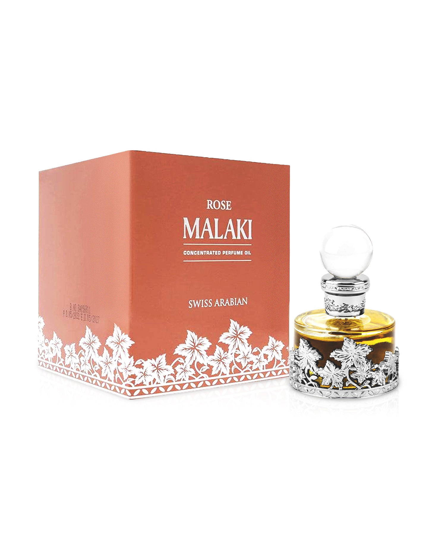 rose malaki perfume oil by wiss arabian bottle shows beside its box against white background