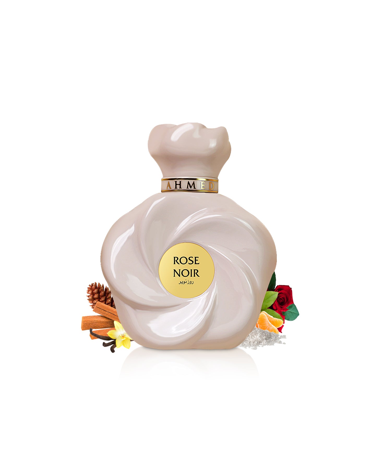 ahmed al maghribi rose noir perfume bottle surrounded with fragrance notes like vanilla and rose shows behind the bottle against white background