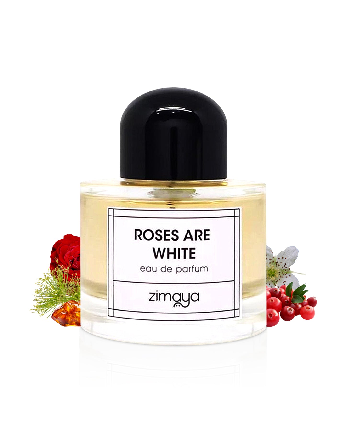 zimaya roses are white perfume bottle surrounded with its ingredients like rose and amber with many others shows from behind the bottle against white background