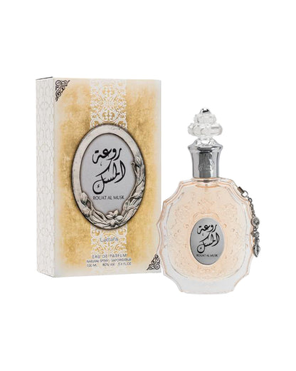 rouat al musk edp by lattafa perfumes bottle shows beside its box against white background