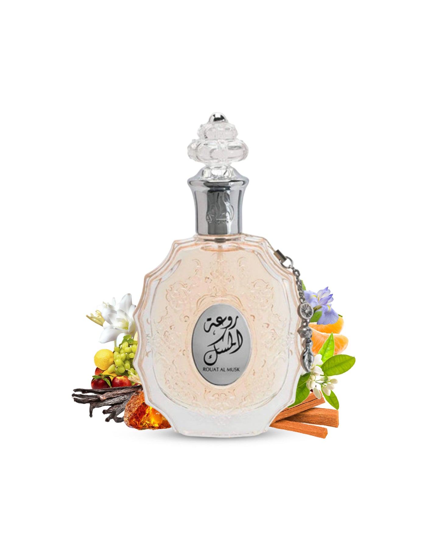 rouat al musk edp by lattafa perfumes bottle surrounded with its ingrediens like amber and jasmine with many others shows from behind the bottle against white background