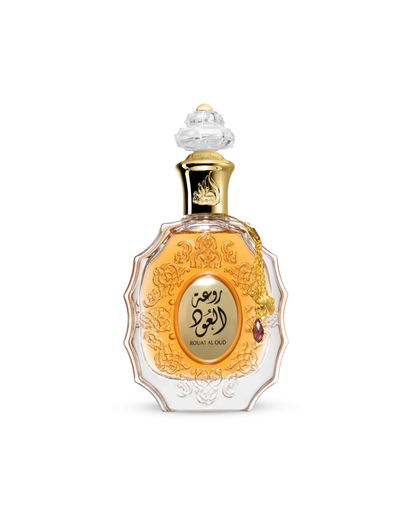 rouat al oud by lattafa perfume bottle shows against white background