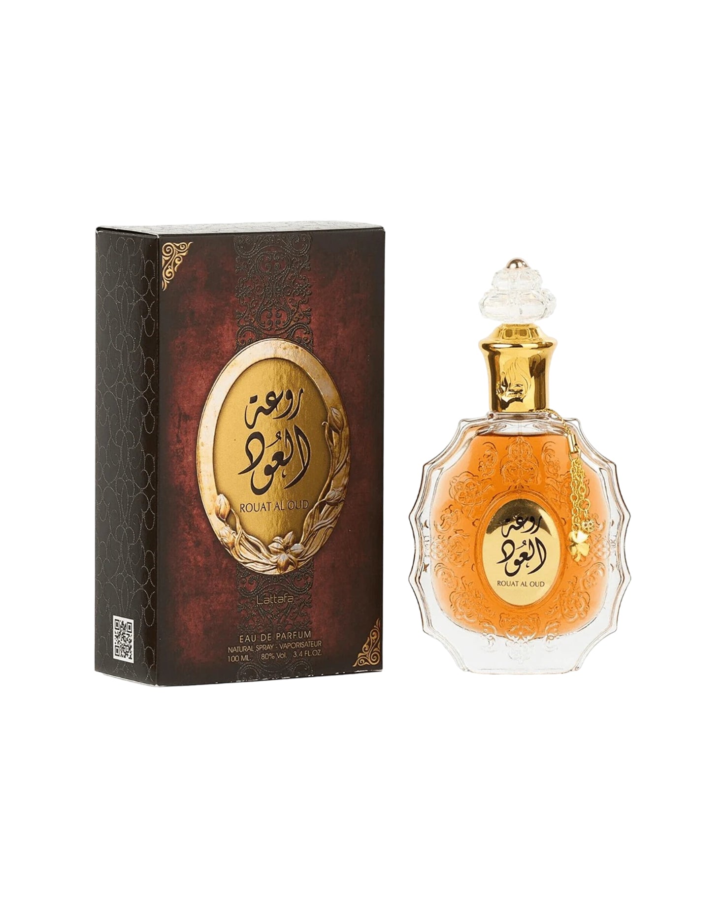 rouat al oud by lattafa perfume bottle shows beside its box  against white background