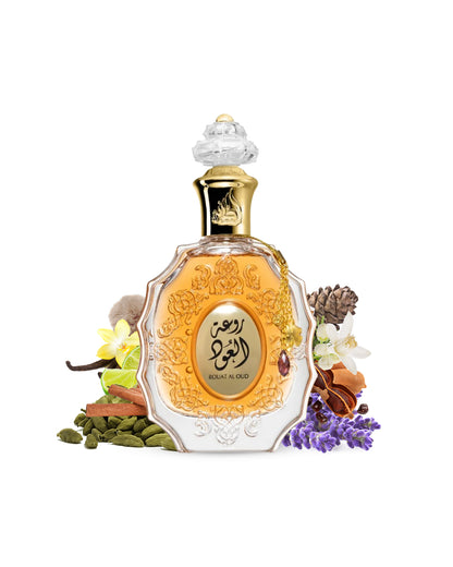 rouat al oud by lattafa perfume bottle surrounded with its ingredients like cardamom and vanilla with many others shows from behind the bottle against white background