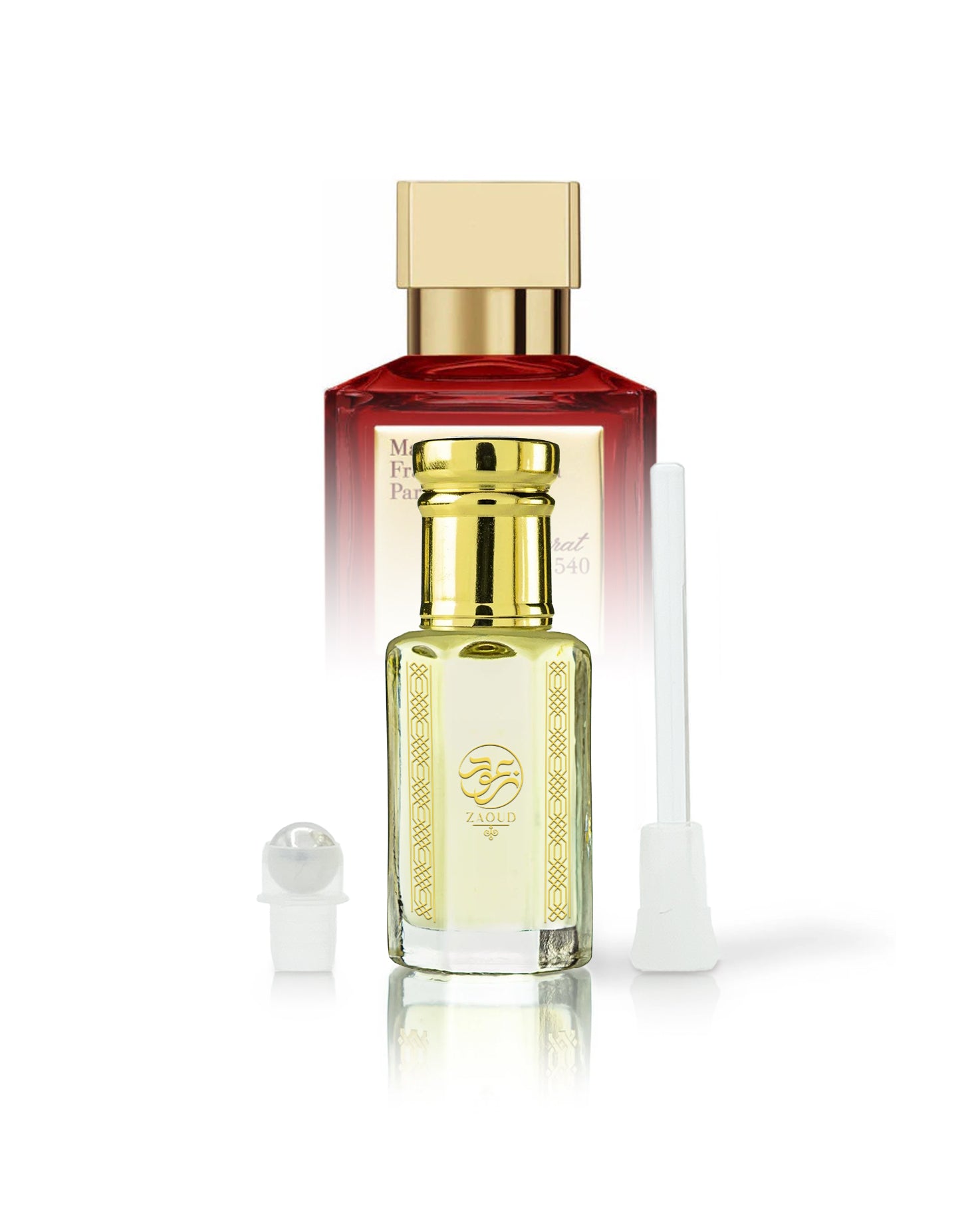 rougelle baccarat rouge perfume oil bottle with beside roller and glass stick shows baccarat perfume bottle behind against white background