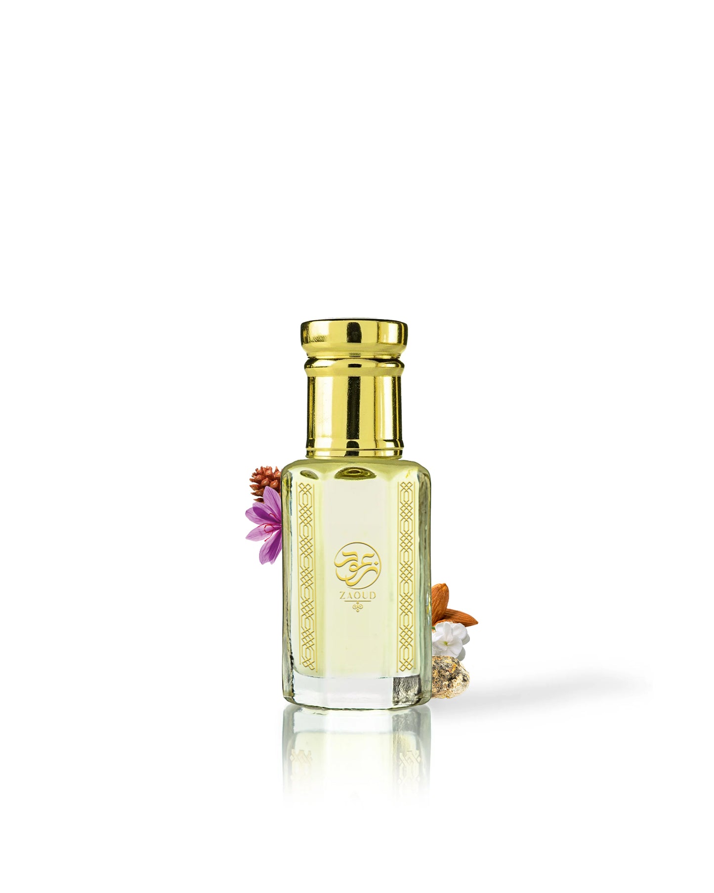 rougelle baccarat rouge perfume oil bottle surrounded with fragrance notes like saffron and almond from behind the bottle against white background