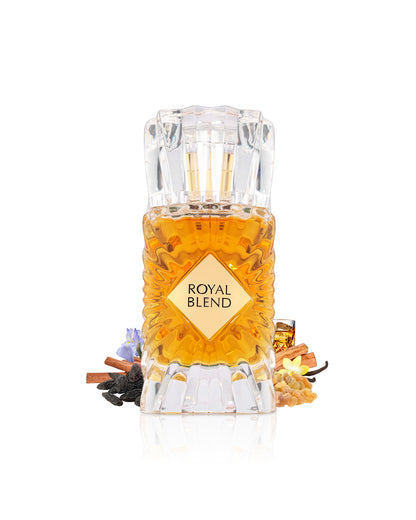 royal blend perfume bottle surrounded with fragrance notes like tonka and vanilla shows  against white background