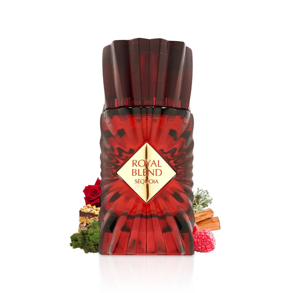 FRENCH AVENUE ROYAL BLEND SEQUOIA PERFUME BOTTLE SURROUNDED BY FRAGRANCE NOTES LIKE RASPBERRY AND ROSE SHOWS AGAINST WHITE BACKGROUND