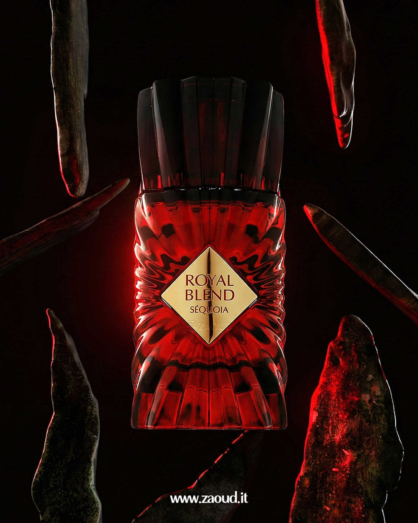 Red bottle labeled 'Royal Blend' with a dark background