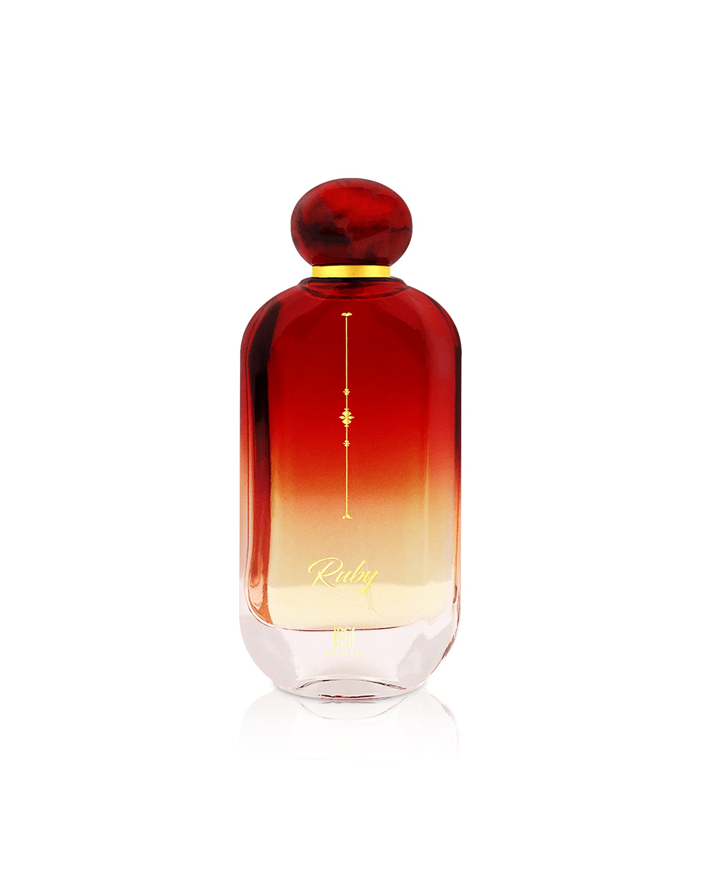 Ahmed Al Maghribi Ruby perfume bottle shows against white background 