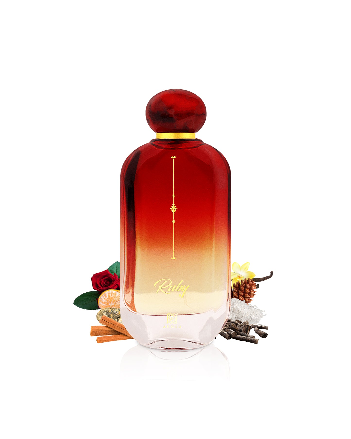 Ahmed Al Maghribi Ruby perfume bottle surrounded with fragrance notes like rose and vanilla shows from behind the bottle against white background 