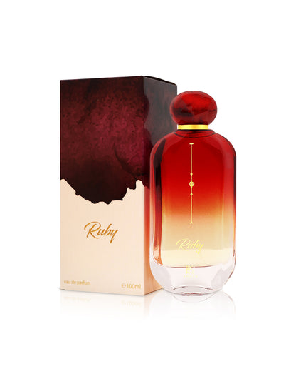 Ahmed Al Maghribi Ruby perfume bottle shows beside its box against white background 