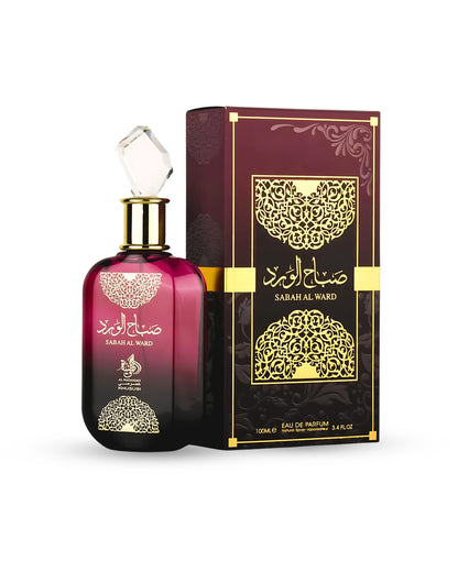 al wataniah sabah al ward perfume bottle shows beside its box against white background