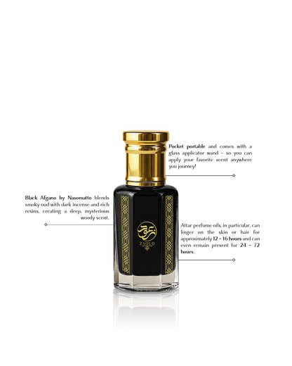 A bottle of Black Afgano sabbah perfume oil with gold detailing, shown on a white background with descriptive text callouts.