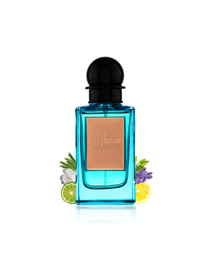 safari by fragrance world perfume bottle surrounded with its ingredients like citrus and jasmine shows from behind the bottle  against white background