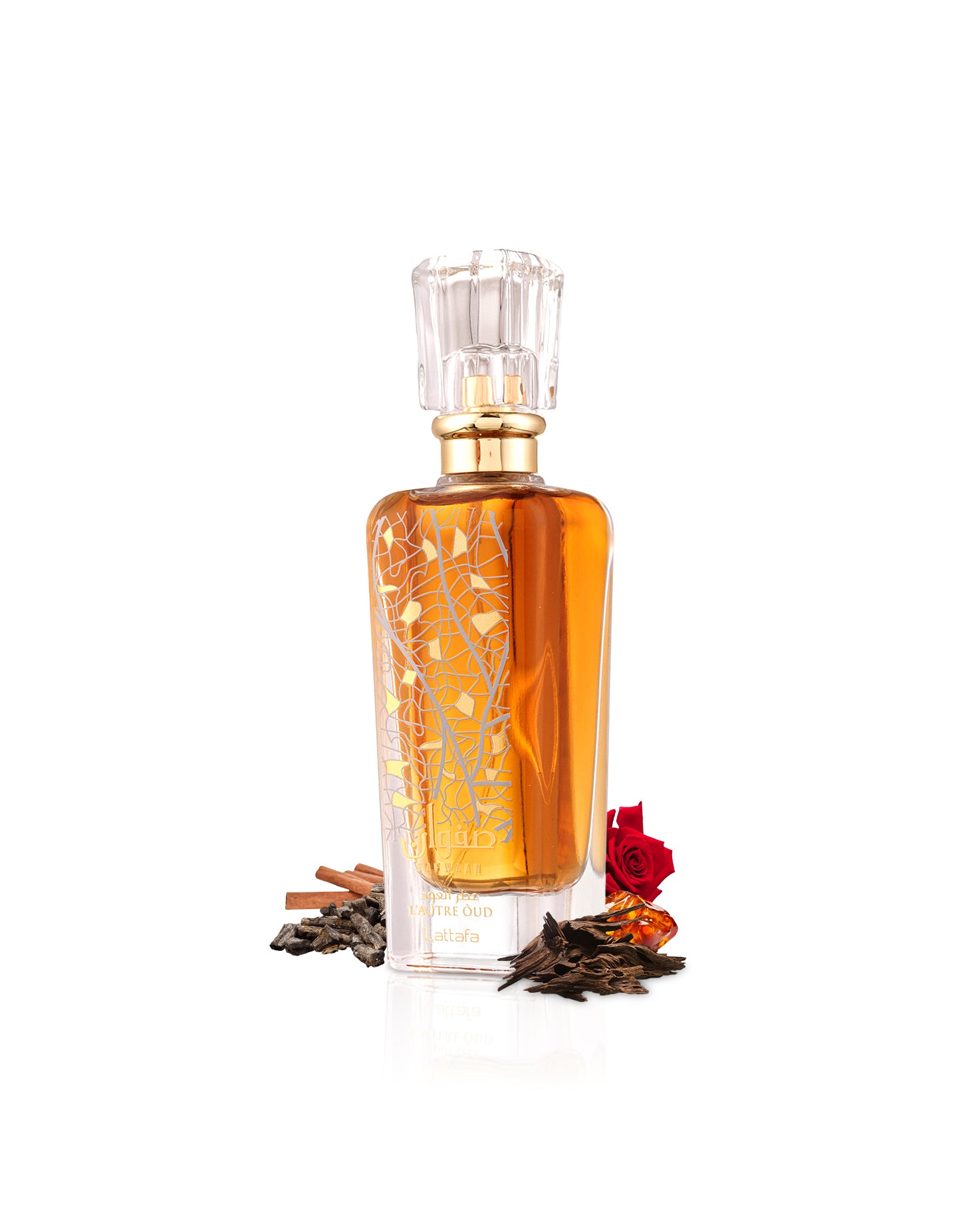 lattafa safwaan lautre oud perfume bottle surrounded with its ingredients like amber and rose with oud shows from behind the bottle  against white background