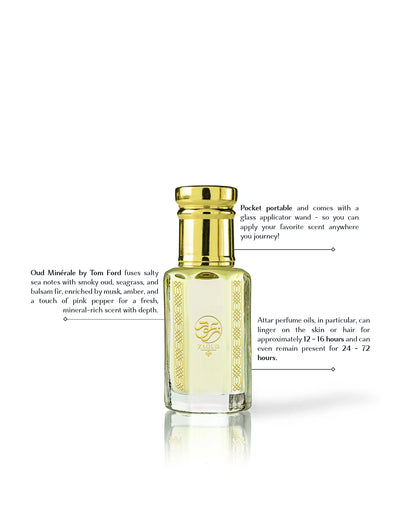 saloud perfume oil bottle beside written fragrance informations against white background