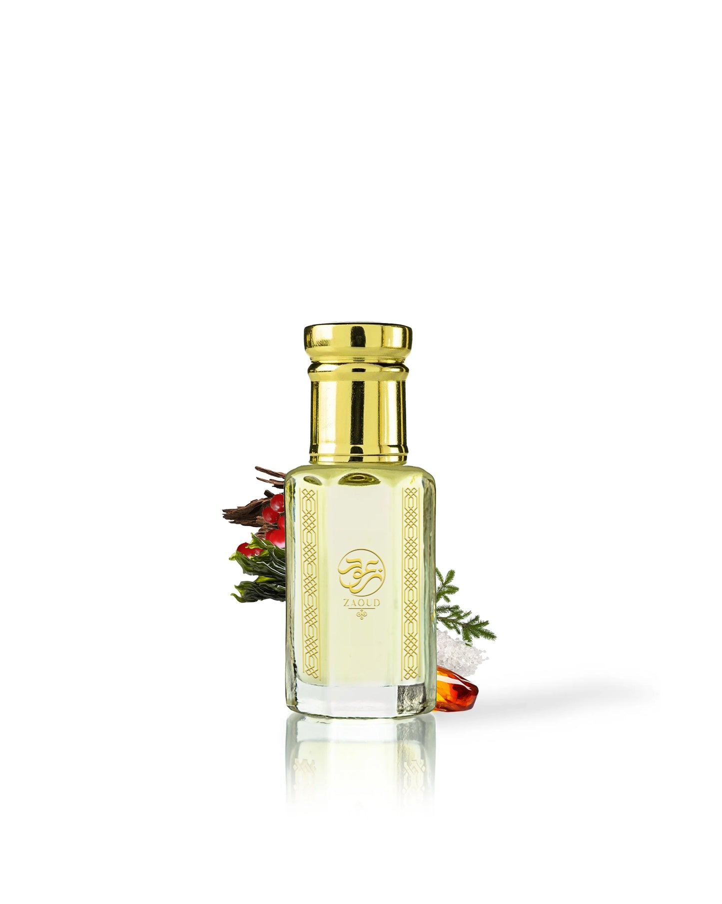 saloud perfume oil bottle surrounded with fragrance ntes like amber and salt shows from behind the bottle against white background
