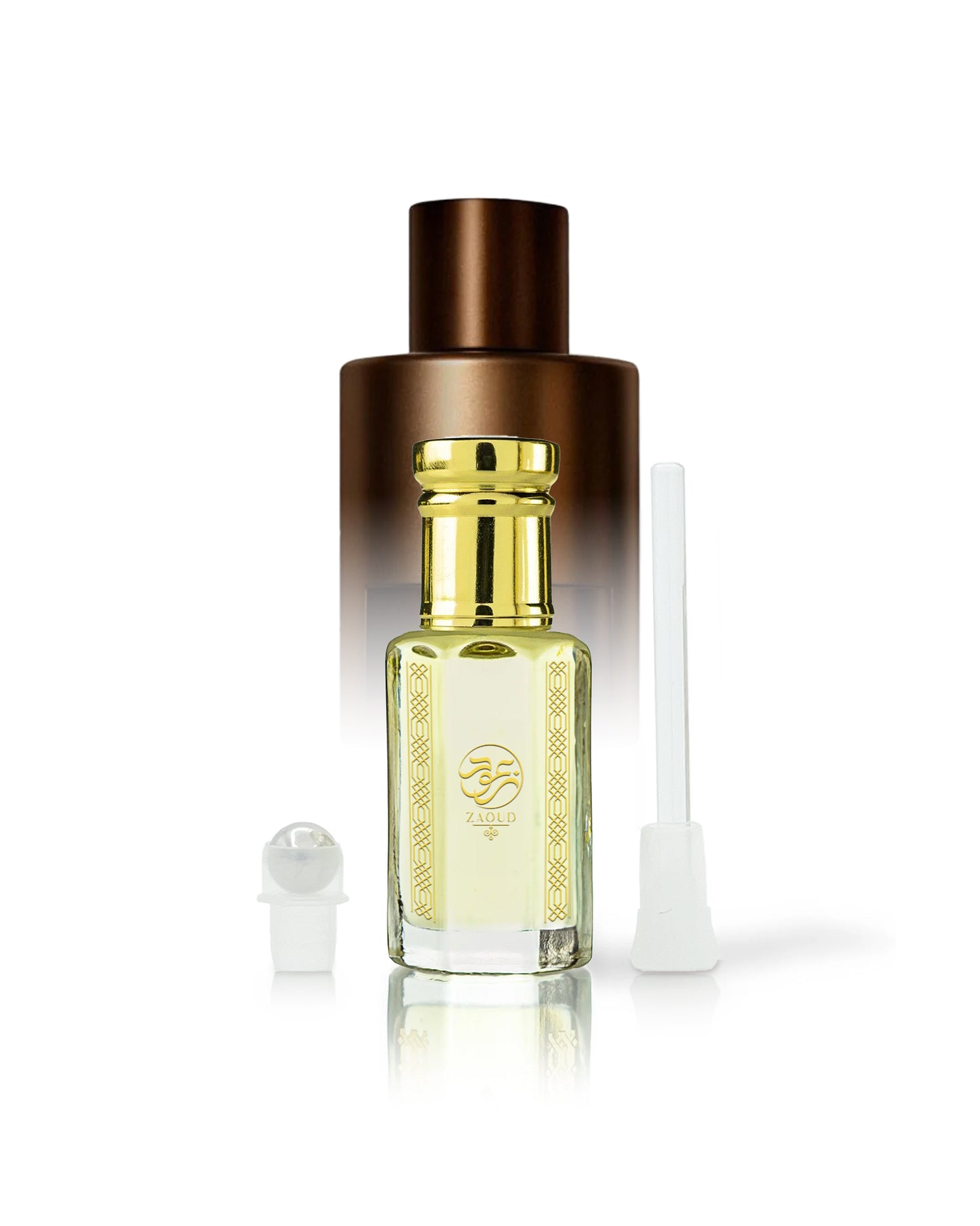 saloud perfume oil bottle beside roller and stick with tom ford oud minerale shows against white background