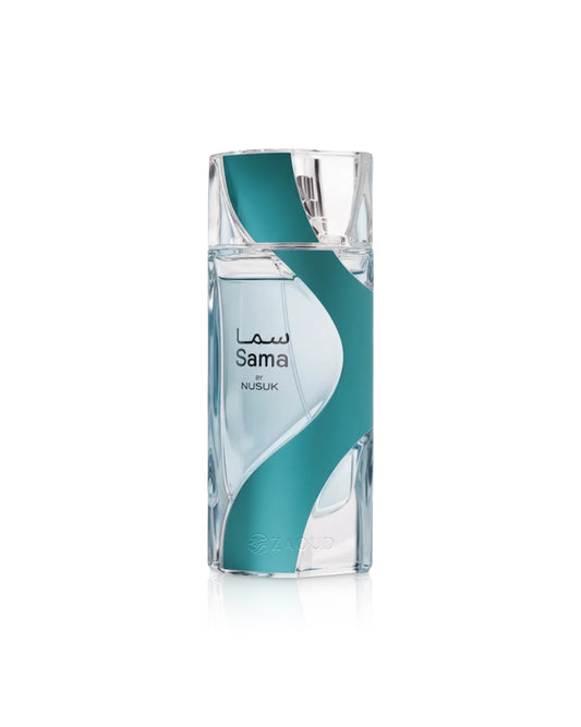 sama by nusuk blue transparent perfume bottle shows against white background